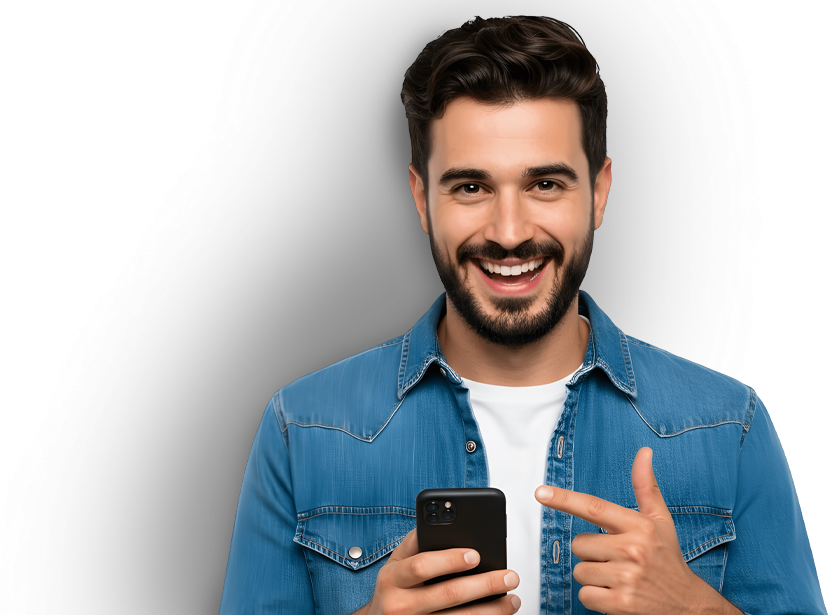 Happy man holding a smartphone